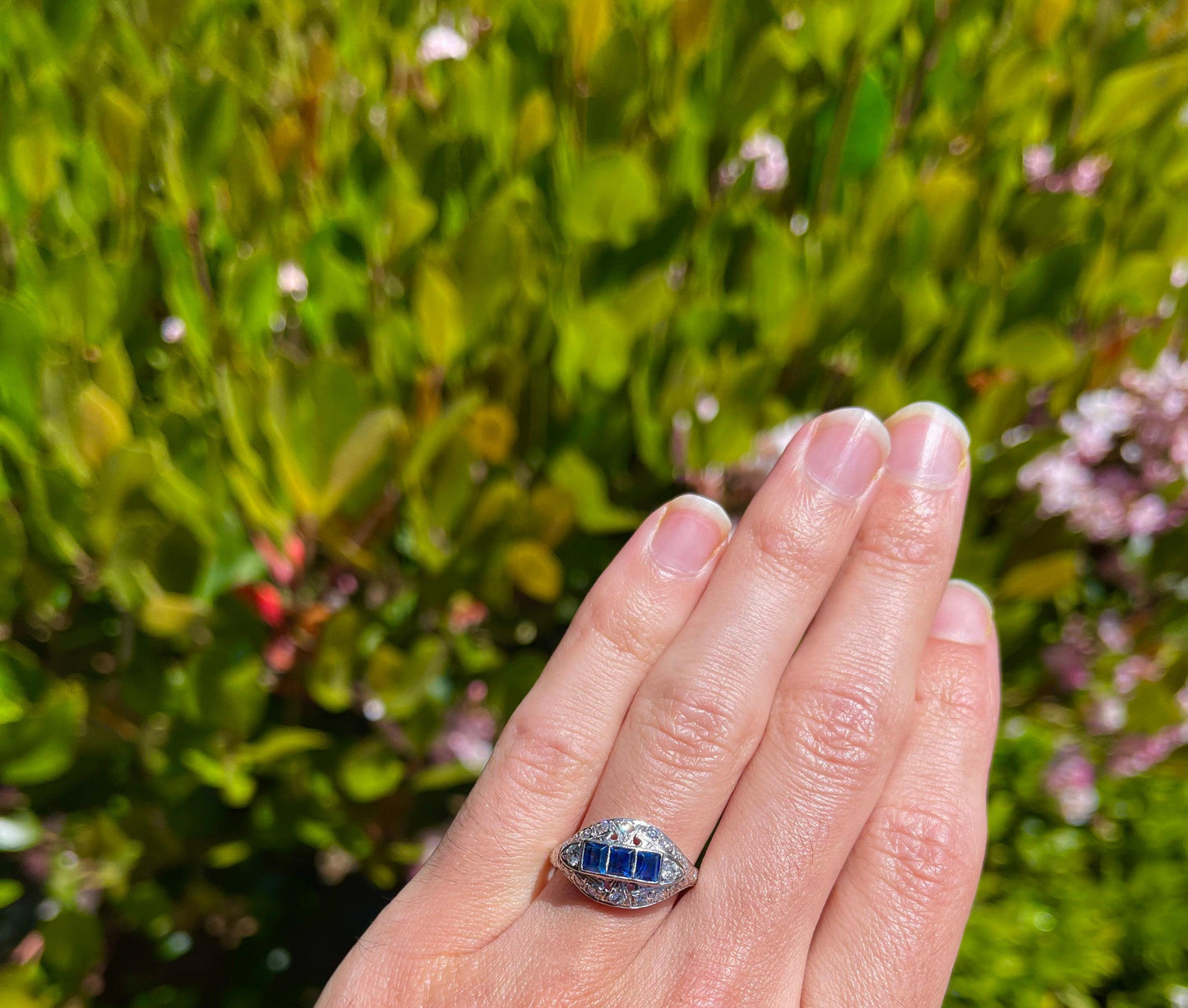 .60ct Square Sapphires .55ct Diamonds Platinum/18KW Vintage Ring