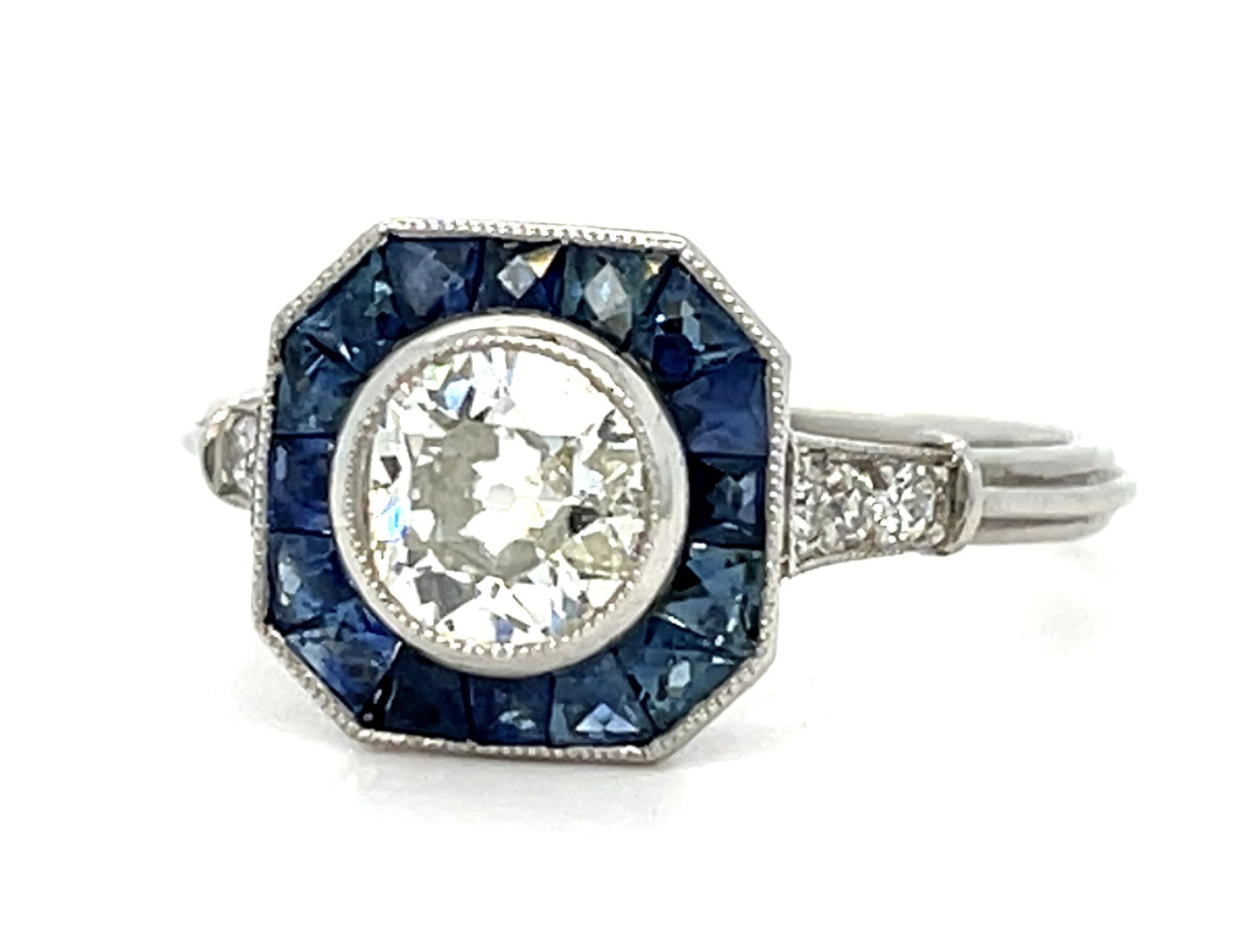 .69ct Old European Diamond Platinum Handmade Ring 1.10ct Sapphire 3.90g 7 Size