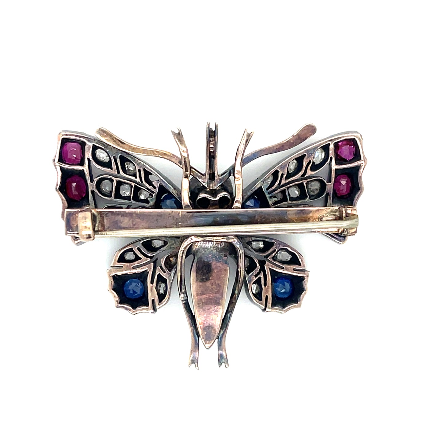 Victorian 10KY+Silver Antique Butterfly Brooch (English Circa 1880s) 1.60ct Ruby 1ct Sapphire 1ct Diamond
