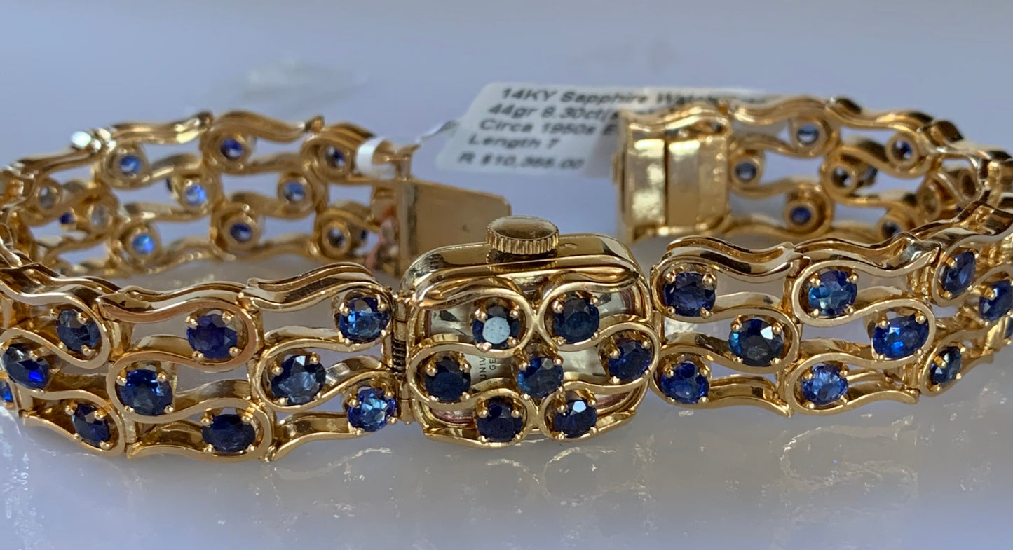 14KY Sapphire Watch/Bracelet 44gr 8.30ct(sap) 55 Stones Circa 1950s