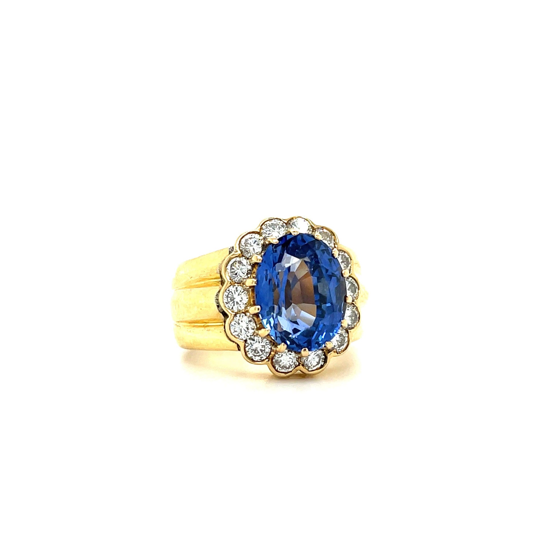 6.47ct GIA Sri Lanka Heated Blue Oval Sapphire 1.01ct Diamond 18KY Vintage Ring