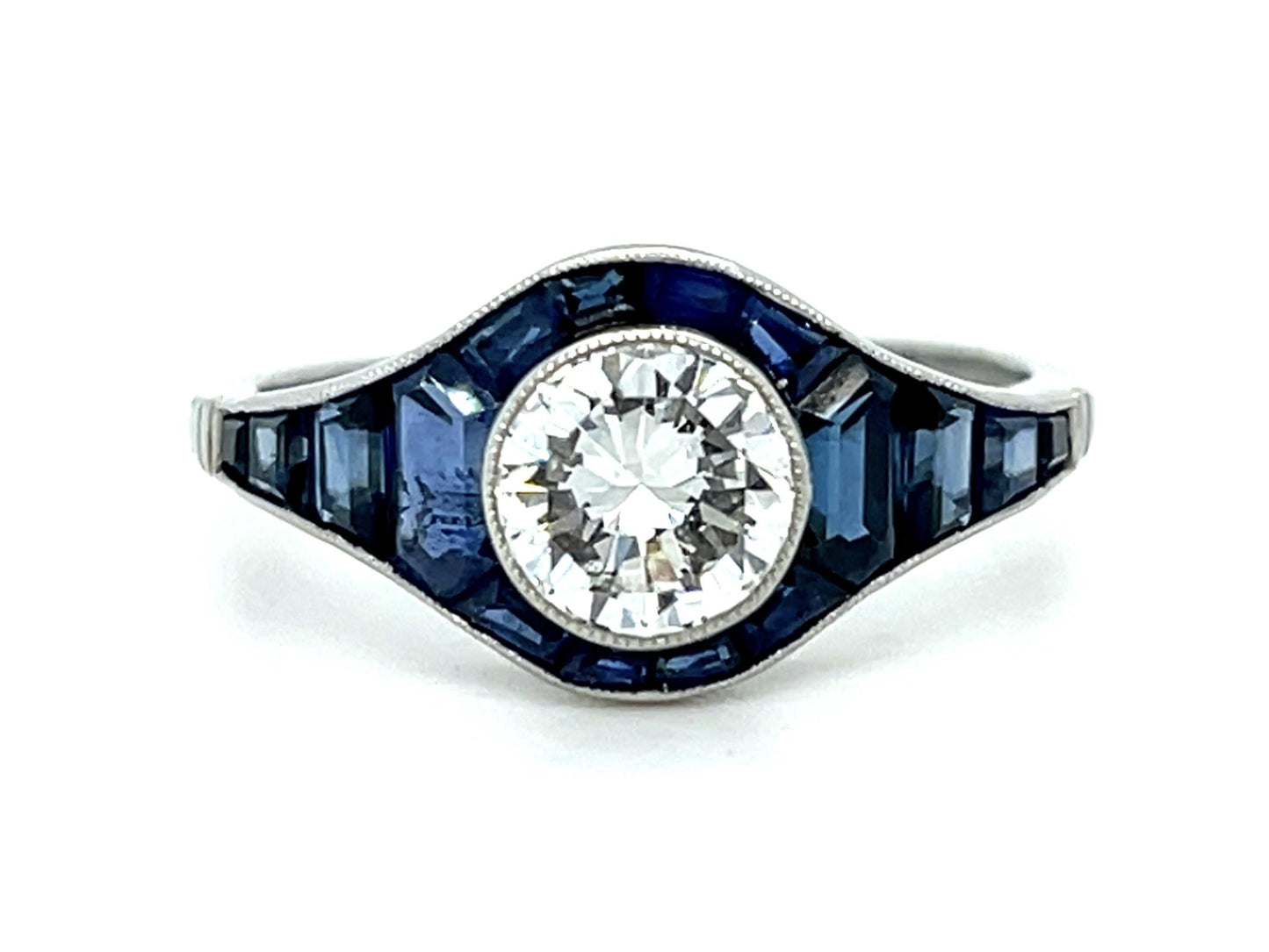 1.06ct Round Brilliant Diamond 1.44ct Sapphires Platinum Handmade Ring 4g 7.50 S