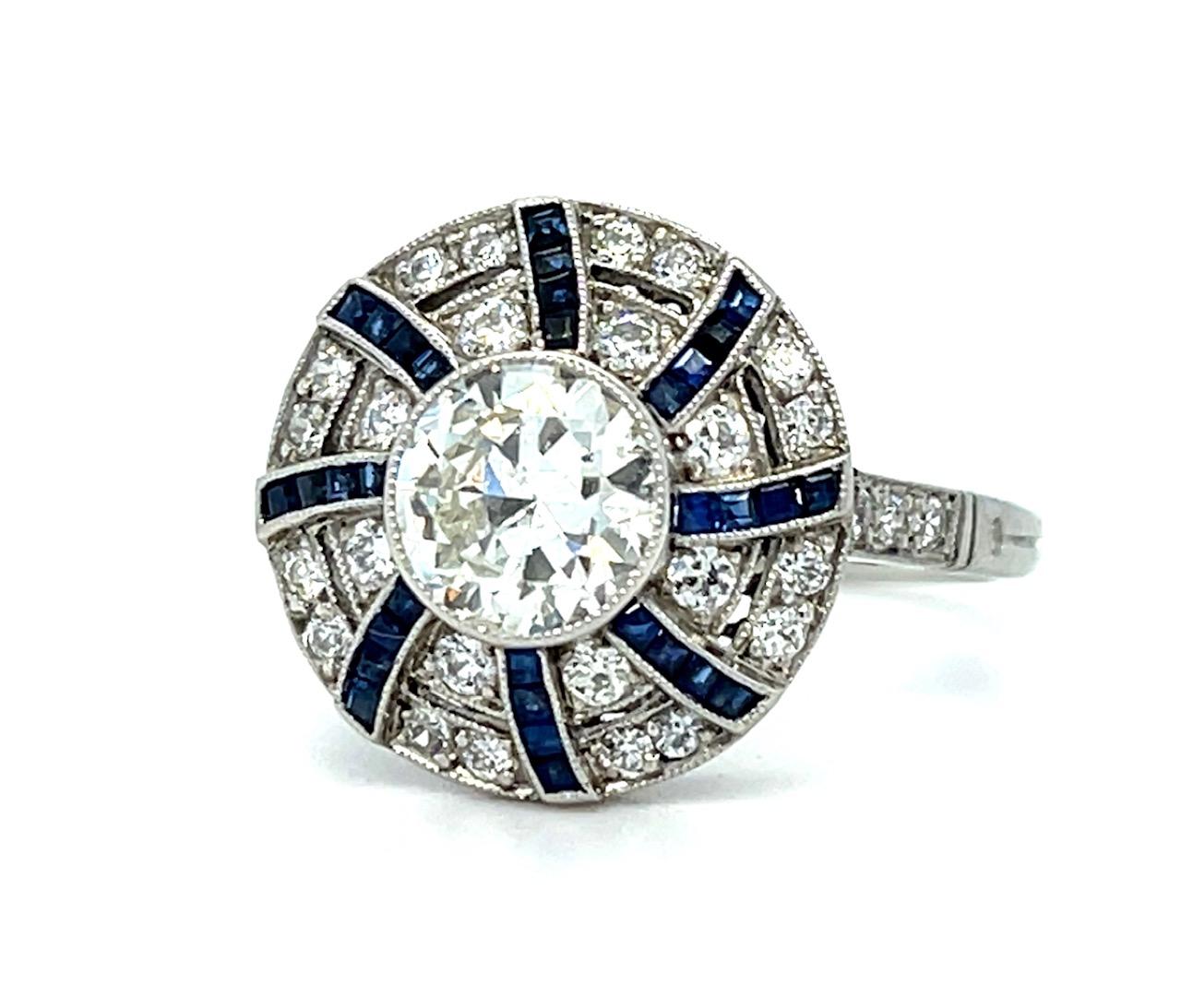 1.01ct Round Brilliant Diamond 1.20ct Sapphires Platinum Handmade Ring .72ct SD