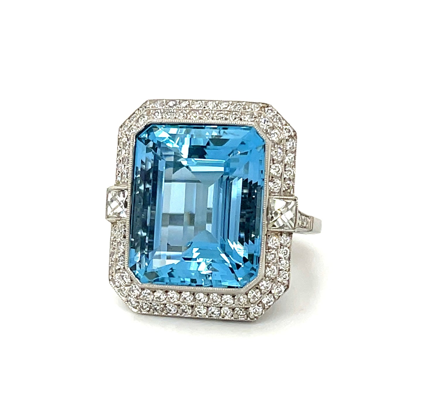 16.87ct Aquamarine Handmade Platinum Ring 1.11ct Old European Cut Diamonds .38ct French Cut Diamonds (Two Stones)