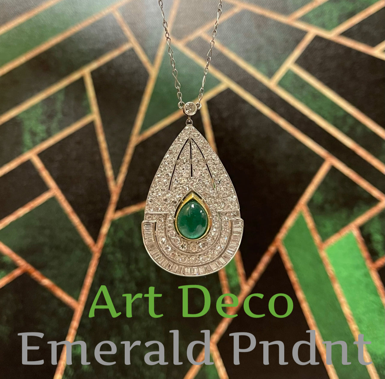 Art Deco (Circa 1930s) 2.75ct Cabochon Emerald Vintage Platinum Pendant 4.50ct Baguette, Single Cut and Old European Cut Diamonds