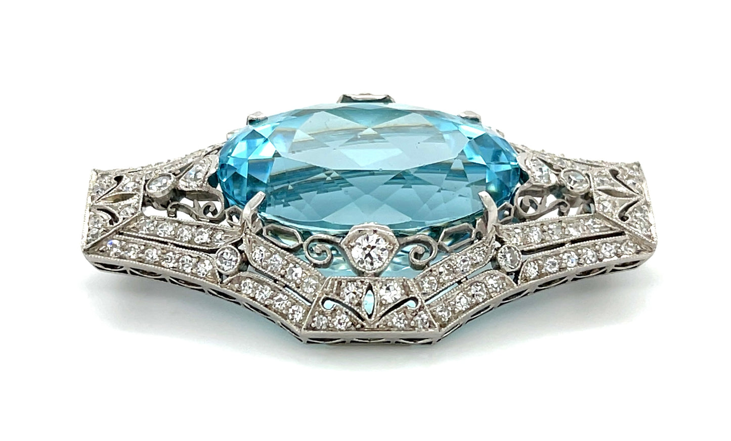 Tiffany & Company Edwardian 35ct Aquamarine Brooch Platinum (Antique Circa 1910s) 2.50ct Diamonds