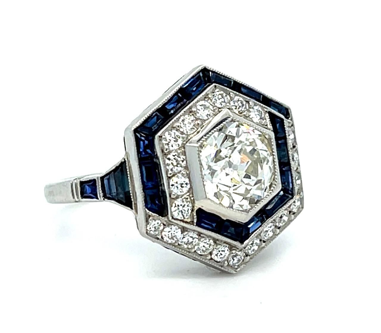 1.54ct Old Mine Diamond 1.60ct Sapphire Platinum Handmade Ring .70ct SD 7.40g