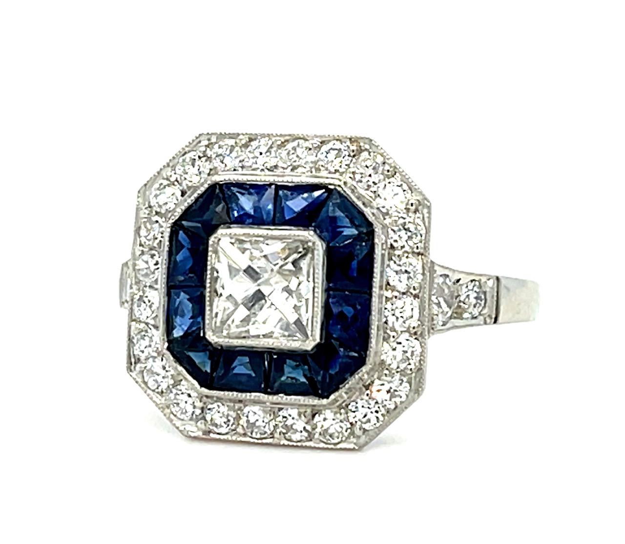 .56ct Square French Cut Diamond 1.28ct Sapphire .53ct SD Platinum Ring 4.73g 6.5