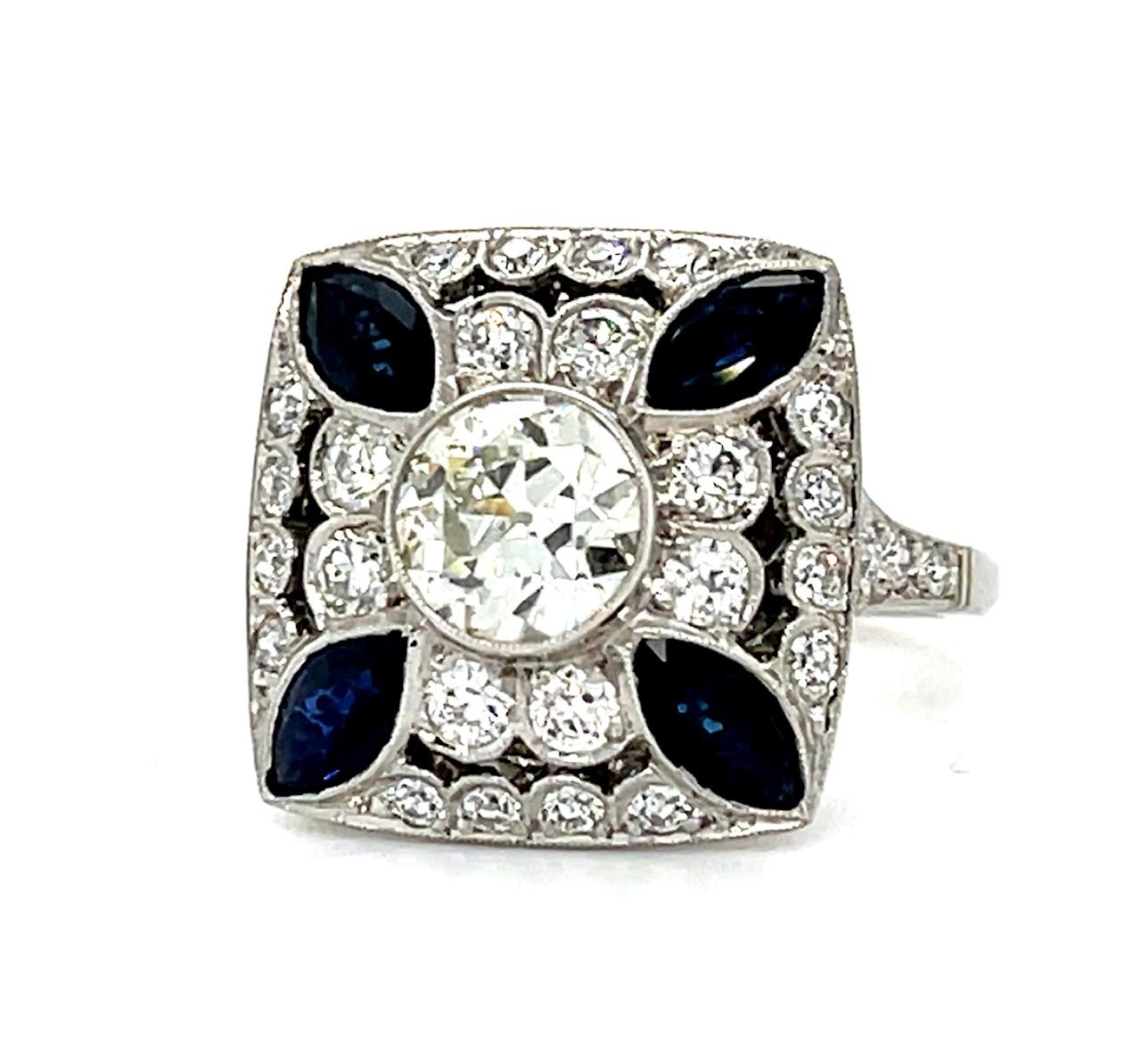 .97ct Old European Cut Diamond 1ct Sapphire .90ct SD Platinum Handmade Ring 6.73