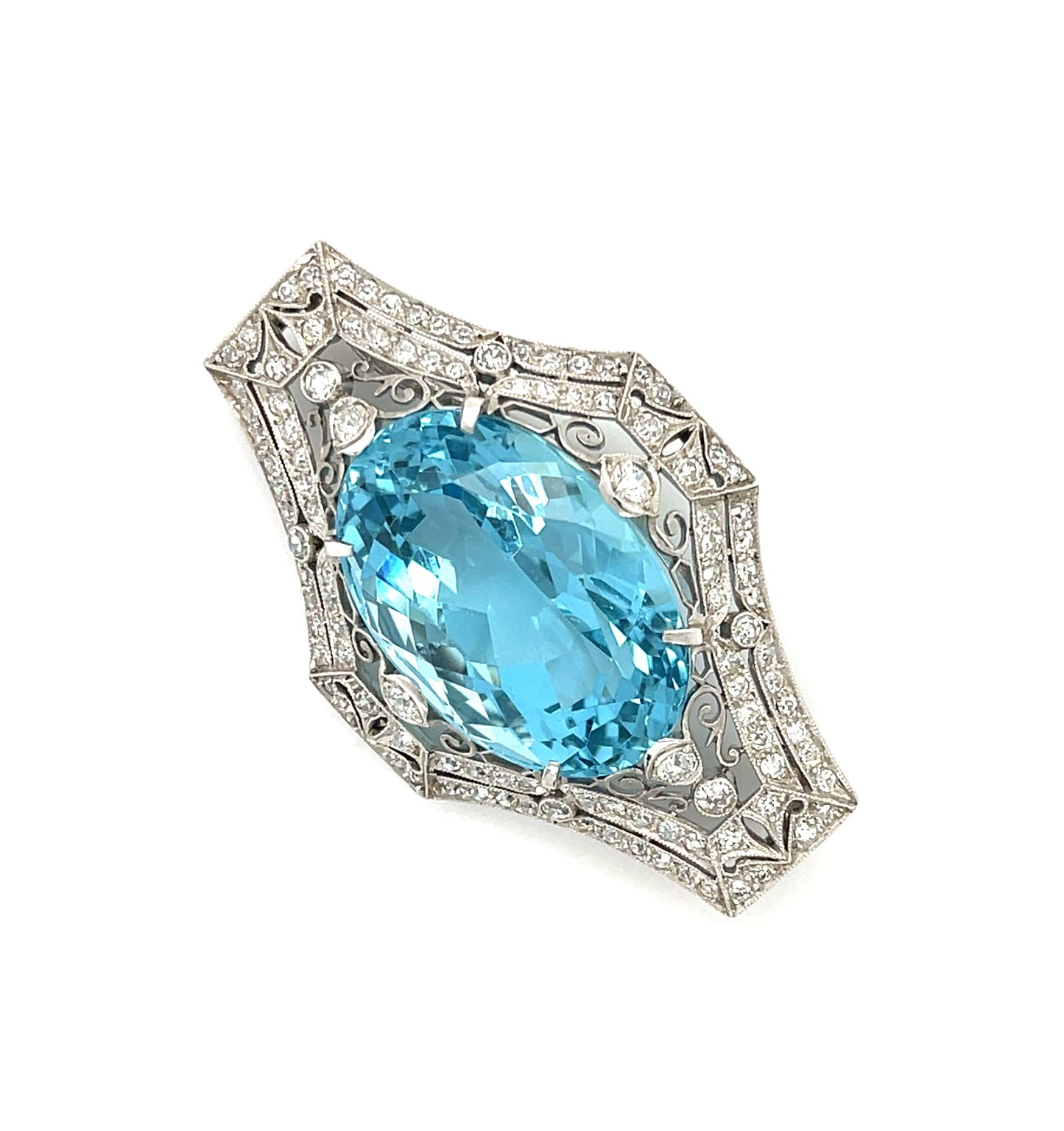 Tiffany & Company Edwardian 35ct Aquamarine Brooch Platinum (Antique Circa 1910s) 2.50ct Diamonds