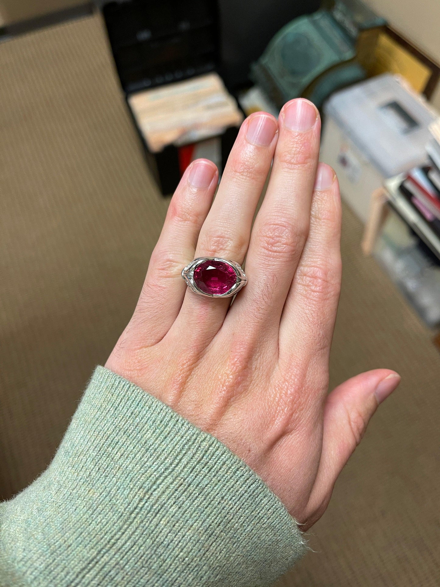 7.30ct Rubellite Tourmaline .54ct Diamond 18KW Vintage Ring (Circa 1980s) 12.4gr