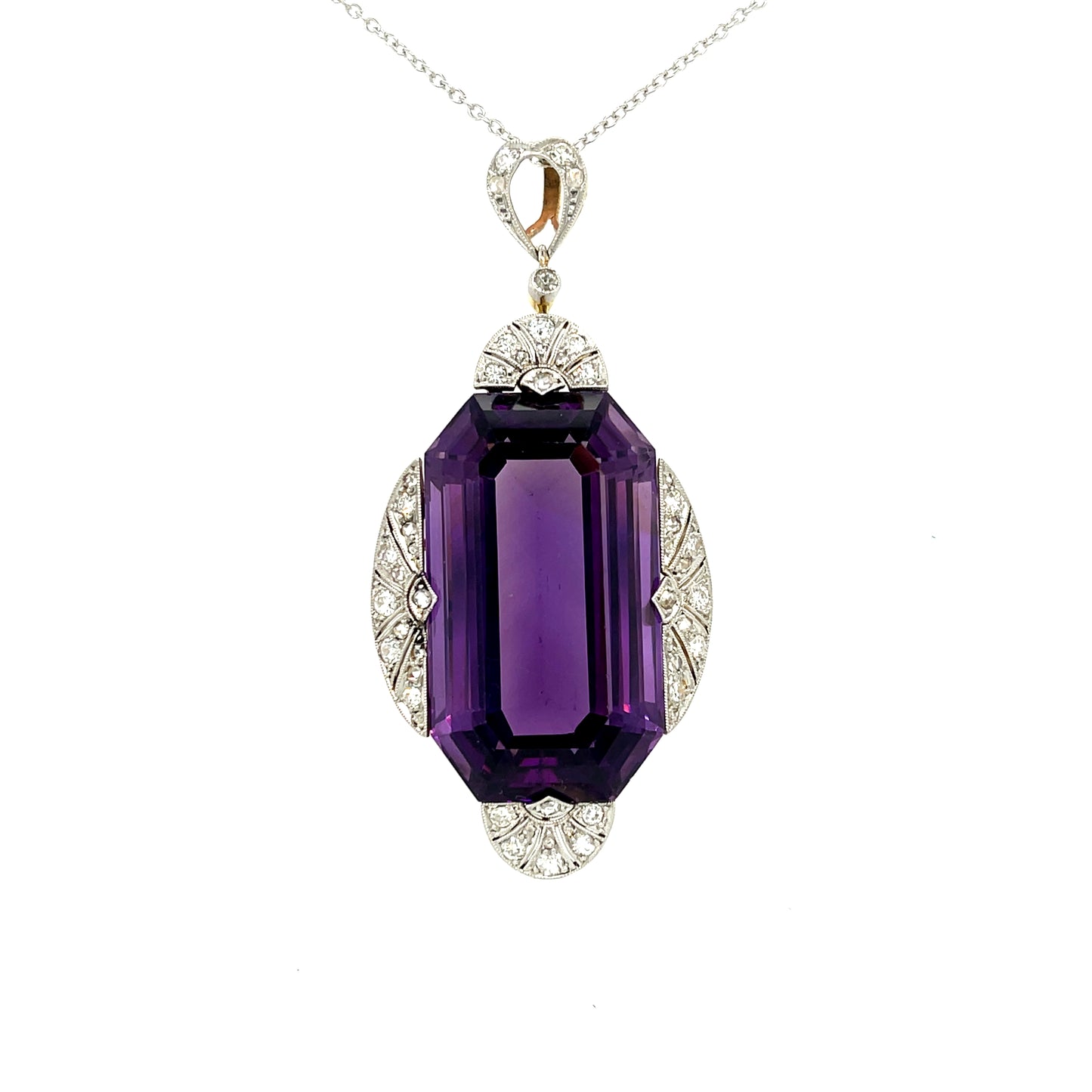 Edwardian (Circa 1900s) 40ct Amethyst Platinum over 18KY Gold Antique Pendant 1ct Diamonds
