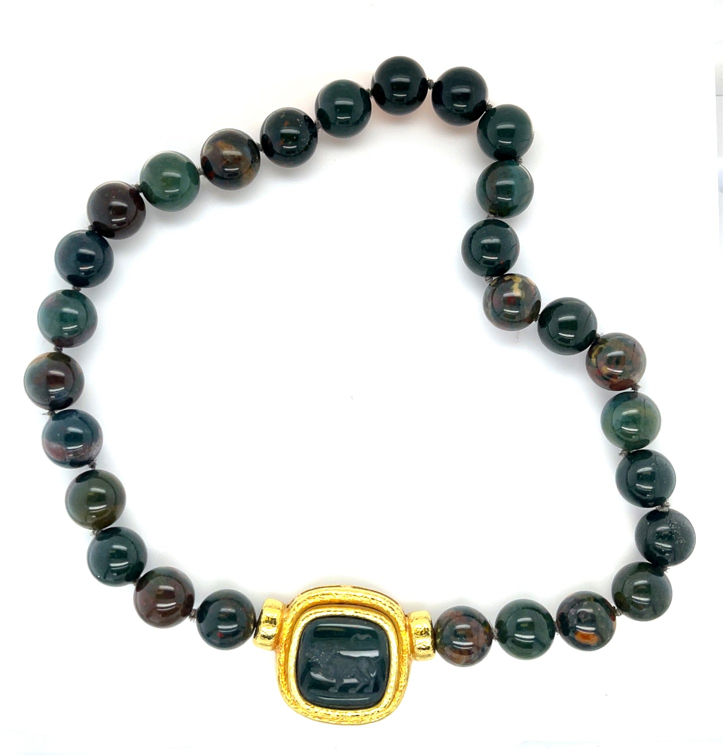 Elizabeth Locke Bloodstone & Carved Lion Intaglio 18KY Bead Necklace