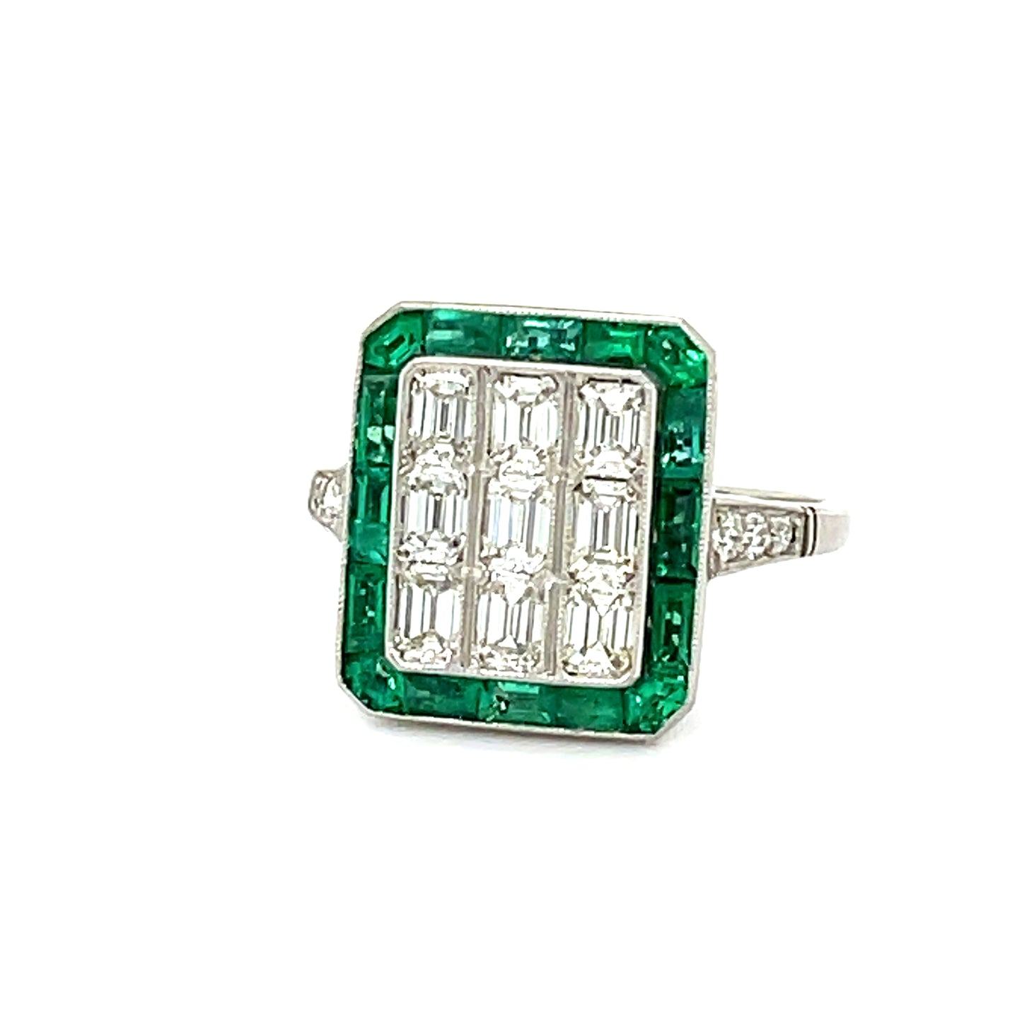 1.10ct Emerald Cut Diamonds Handmade & Inspired Platinum Ring 1.30ct Calibre Emeralds