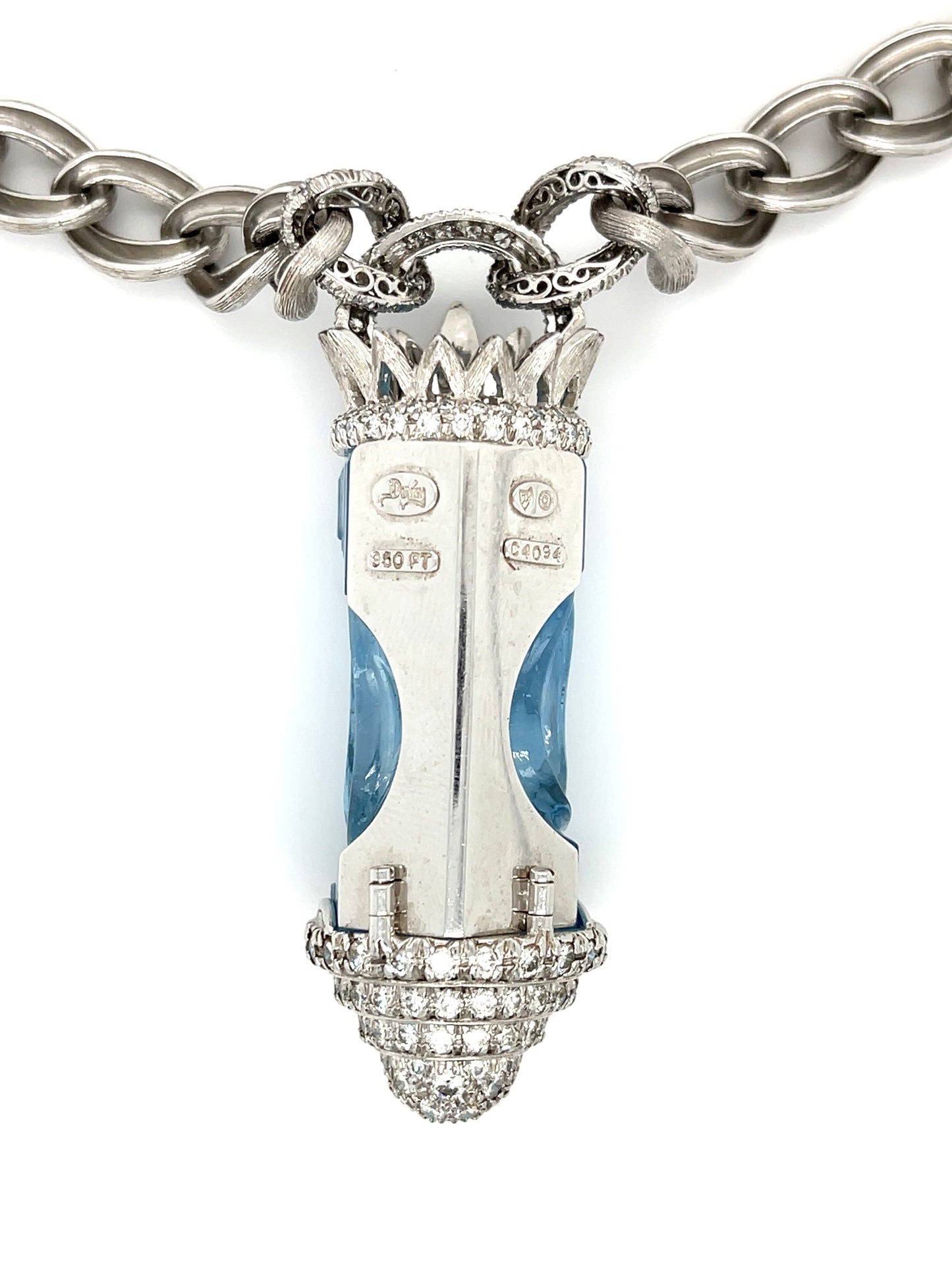 Henry Dunay 108ct Carved Female Aquamarine Pendant Set in Platinum+ Chain Link Metal Necklace