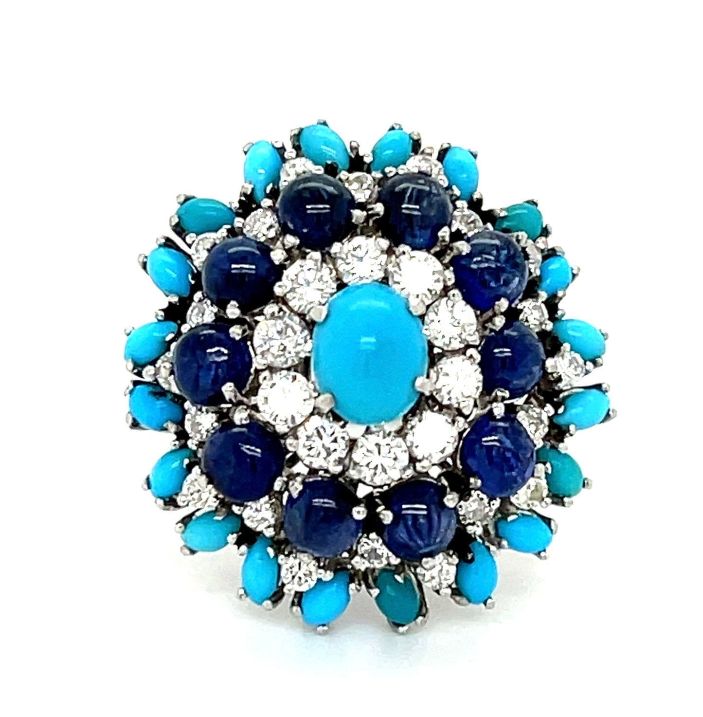 Sapphire, Diamond and Turquoise Platinum Set (Vintage Circa 1950s) Matching Ring and Earrings 1.10ct Diamonds 2.24ct Sapphires