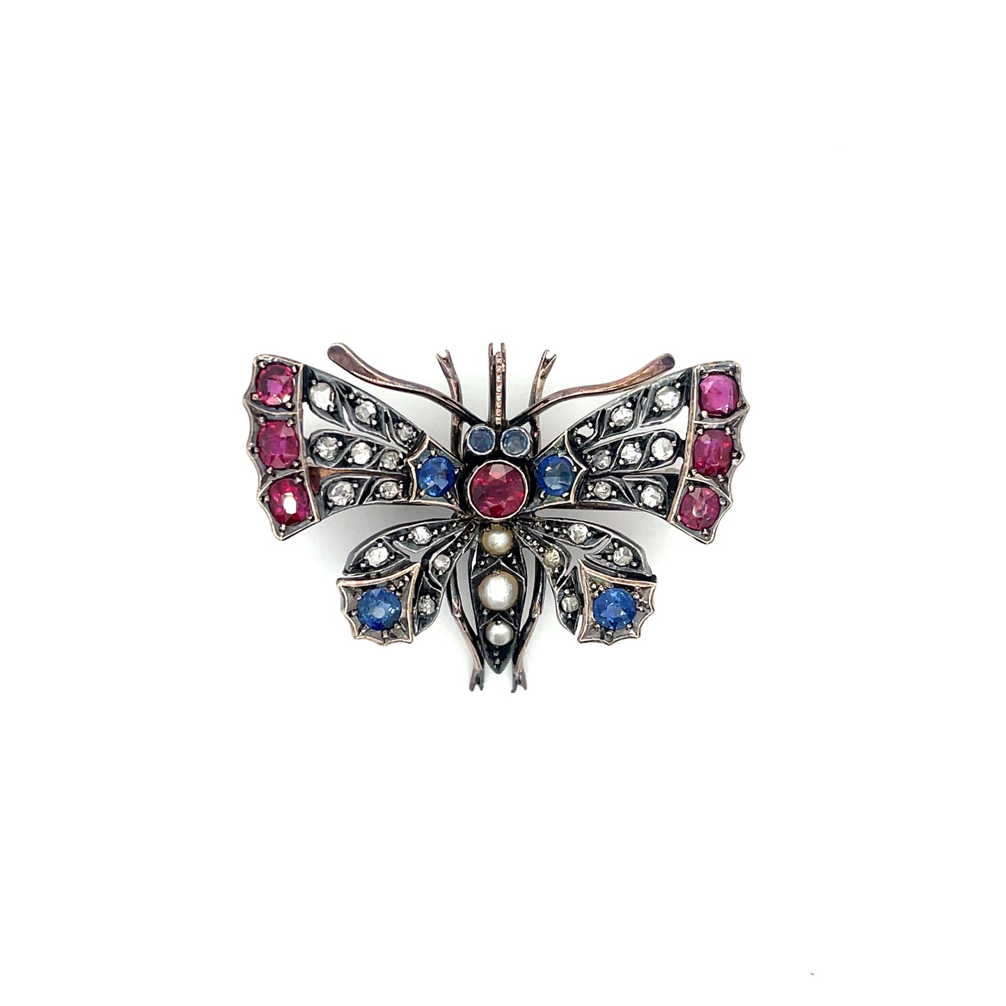 Victorian 10KY+Silver Antique Butterfly Brooch (English Circa 1880s) 1.60ct Ruby 1ct Sapphire 1ct Diamond