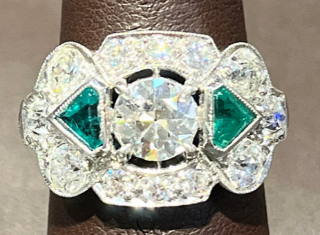 Art Deco .95ct I-J VS Old European Diamond .50ct Emerald PT Ring (Vintage 1930s)