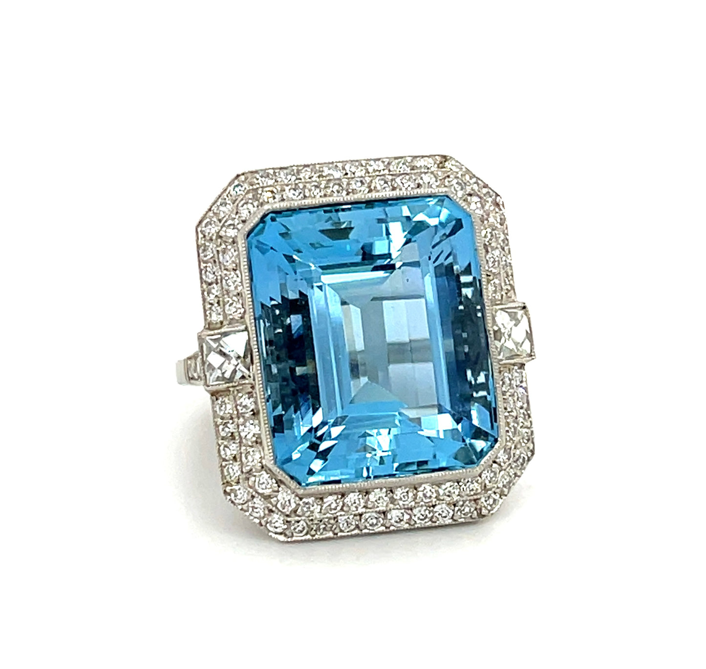 16.87ct Aquamarine Handmade Platinum Ring 1.11ct Old European Cut Diamonds .38ct French Cut Diamonds (Two Stones)