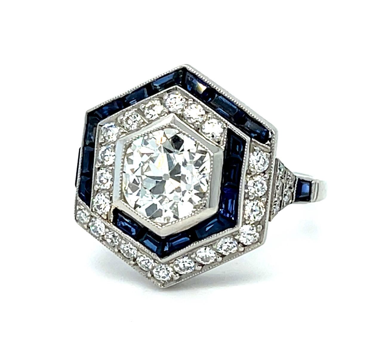 1.54ct Old Mine Diamond 1.60ct Sapphire Platinum Handmade Ring .70ct SD 7.40g