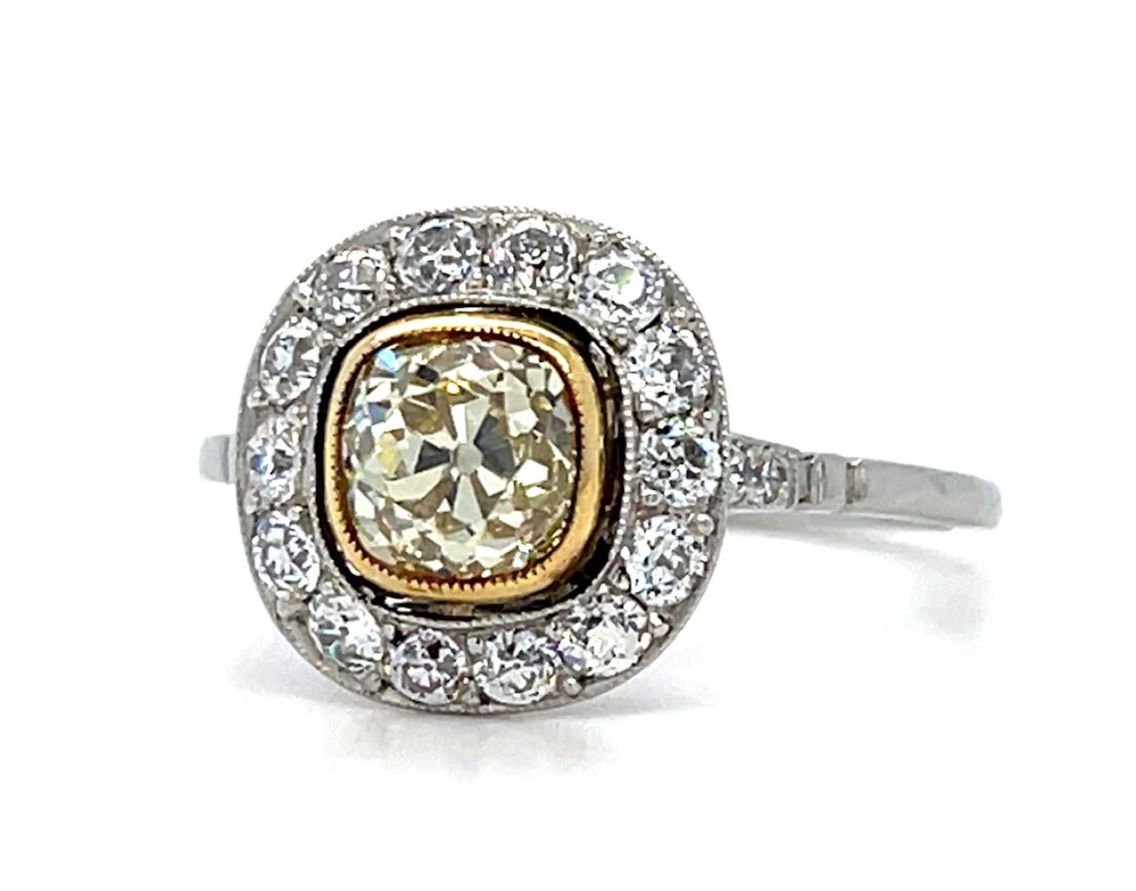 1.17ct Cushion Old Euro Diamond Platinum+18KY Handmade Ring 3.40g 7.50 Size