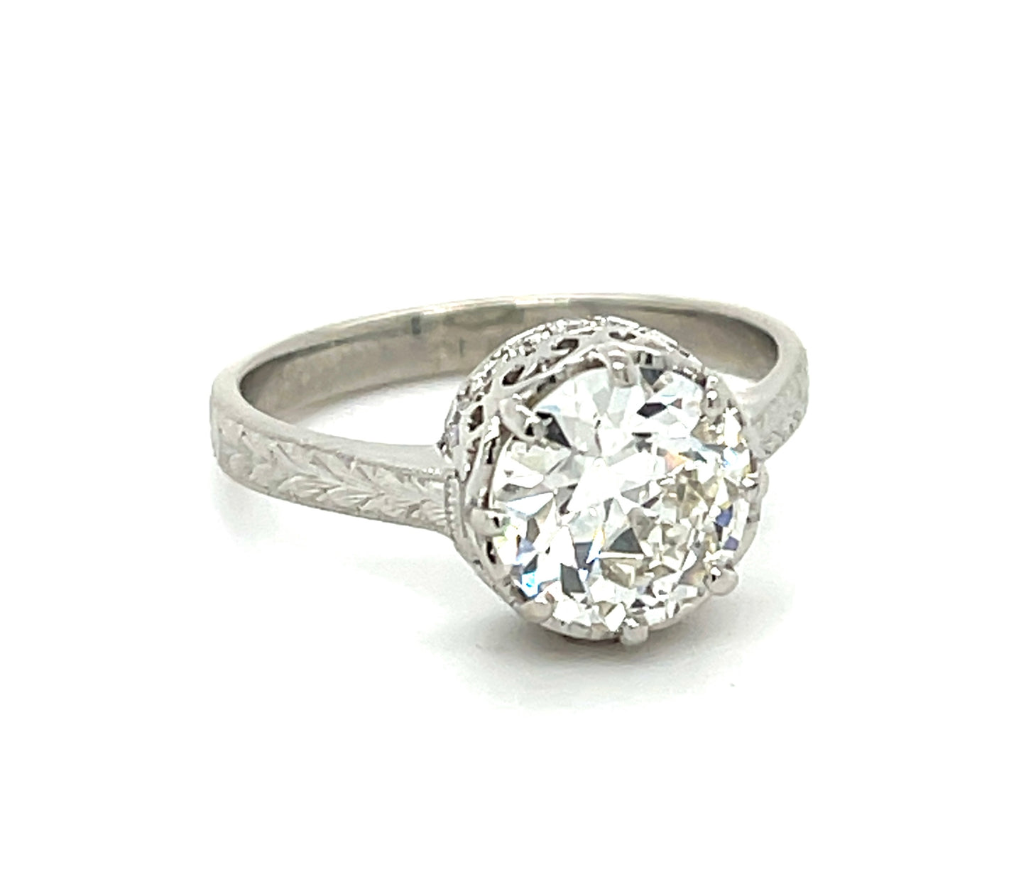 1.86ct Old European Cut Diamond GIA J SI1 Platinum Hand Engraved Ring