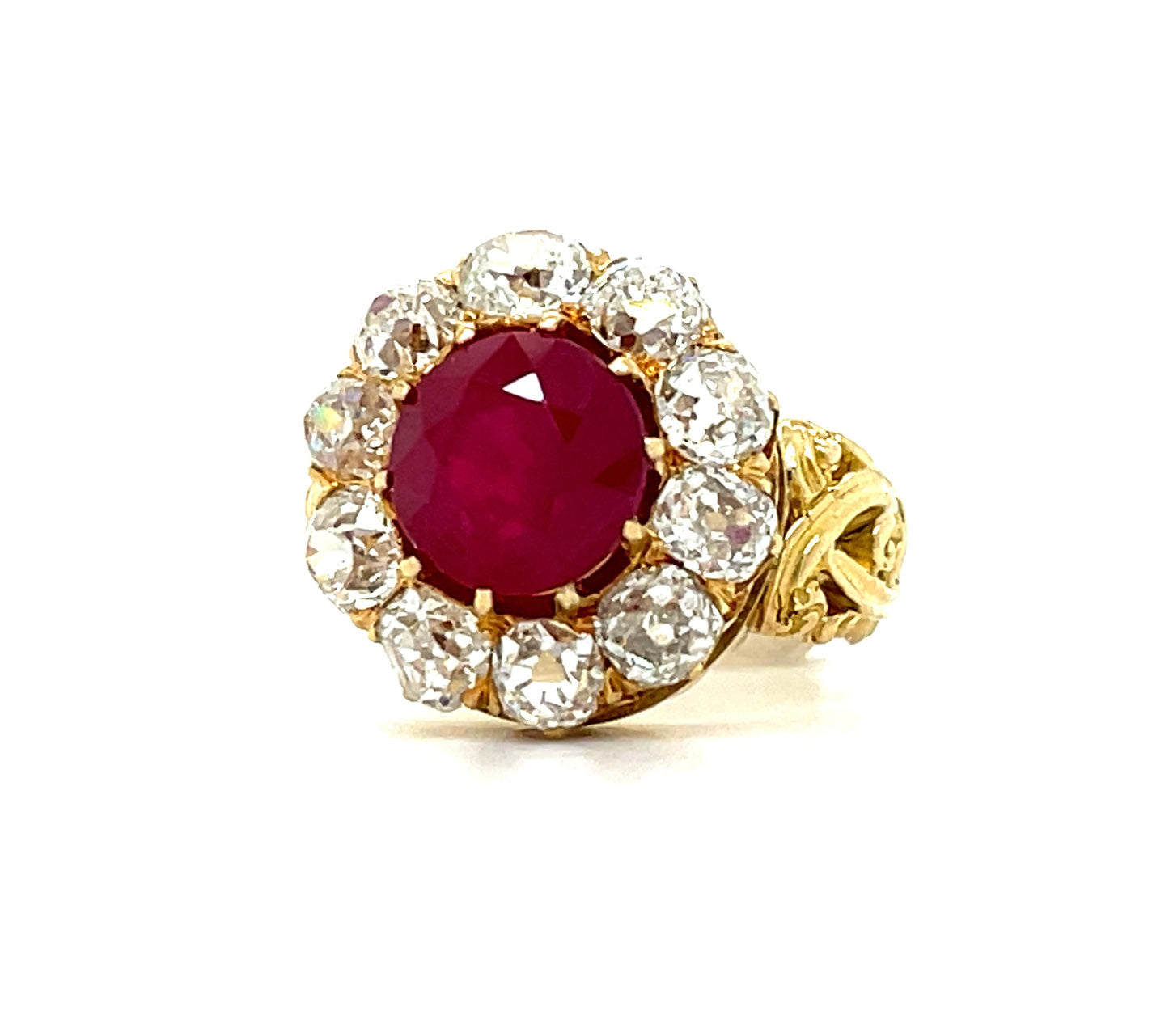 Victorian Era 2.99ct Ruby GIA Burma Heated 18KY Antique Ring (Circa 1880s) 2ct Old Mine Cut Diamonds