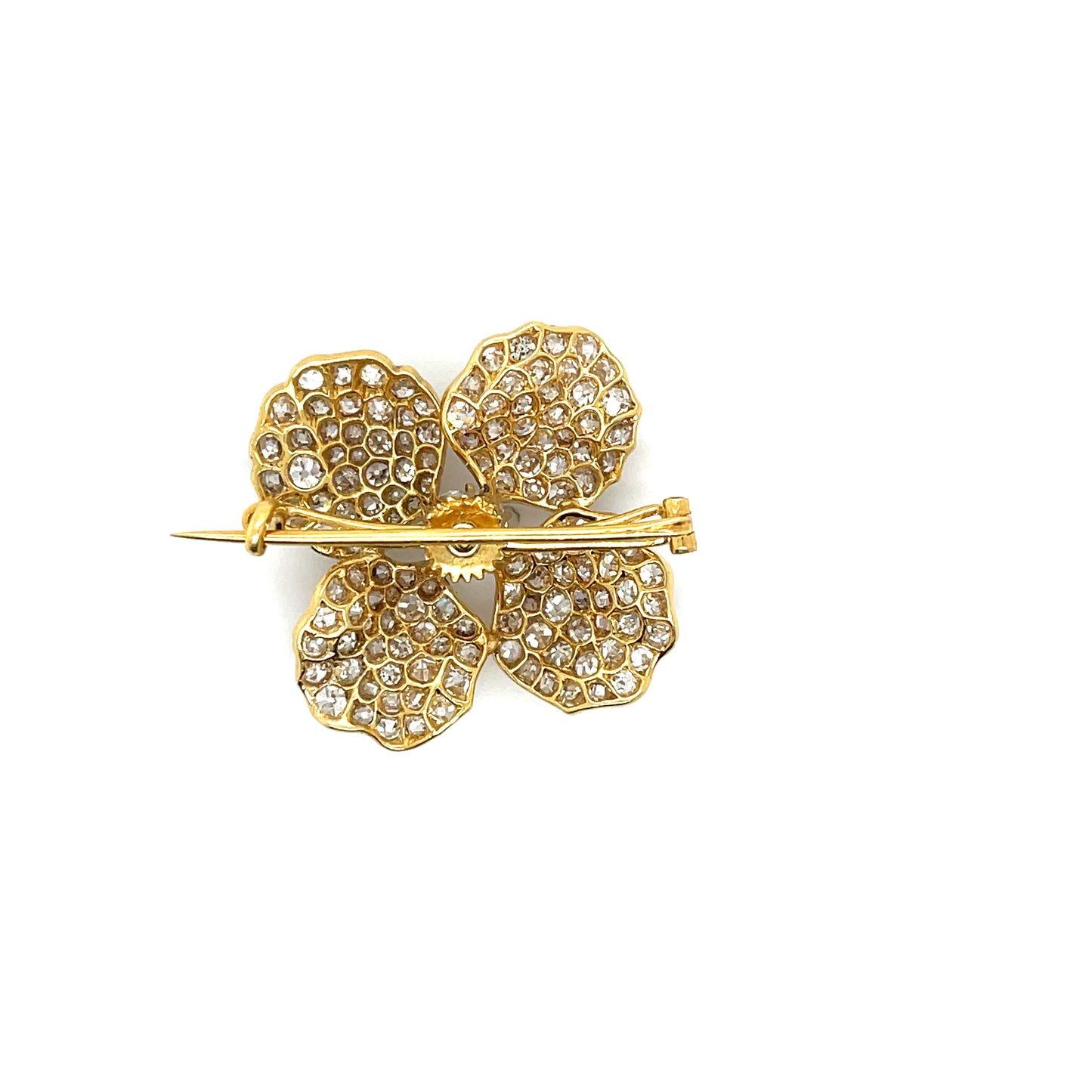 Victorian 1ct Old Mine Cut Center Diamond 14KY Antique Four Leaf Clover Brooch (Circa 1880s) 5ct Side Diamonds