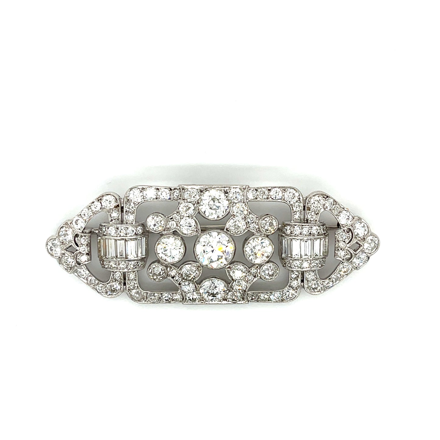 Art Deco Diamond Antique Brooch (Circa 1920s) 1.20ct Center Old European Cut Diamond Four Side Diamonds 1.90ct 116 Side Diamonds 6ct