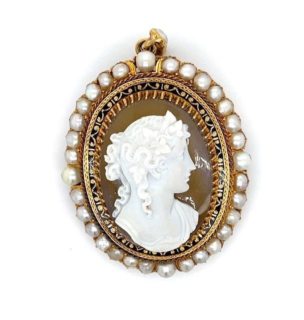 Victorian Carved Agate Cameo with Natural Pearl Brooch/Pendant (Antique 1860s)