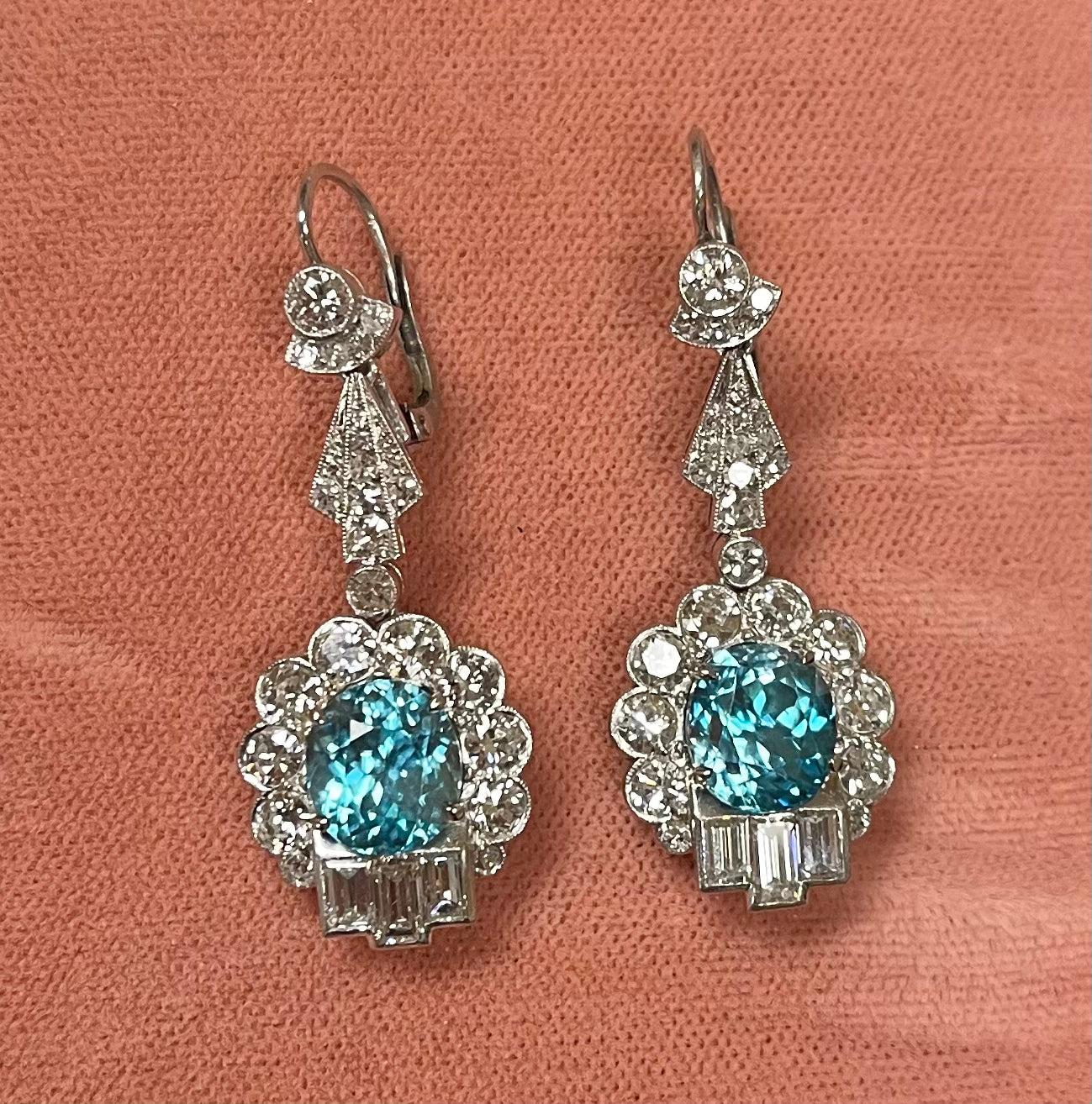 Art Deco 8.41ct Zircon 4.10ct Diamonds PT Drop Earrings (Vintage 1930s)