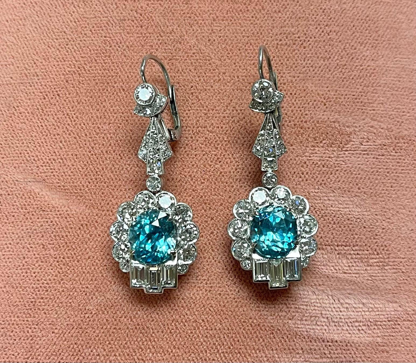 Art Deco 8.41ct Zircon 4.10ct Diamonds PT Drop Earrings (Vintage 1930s)