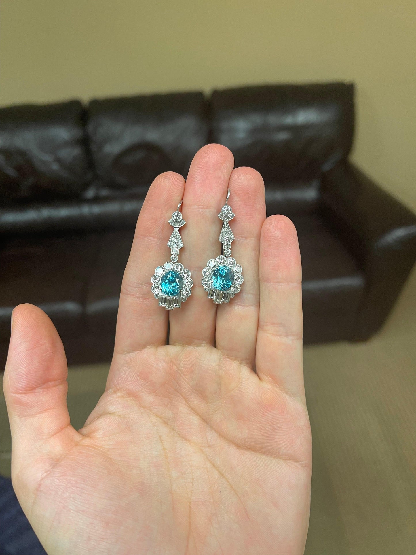 Art Deco 8.41ct Zircon 4.10ct Diamonds PT Drop Earrings (Vintage 1930s)