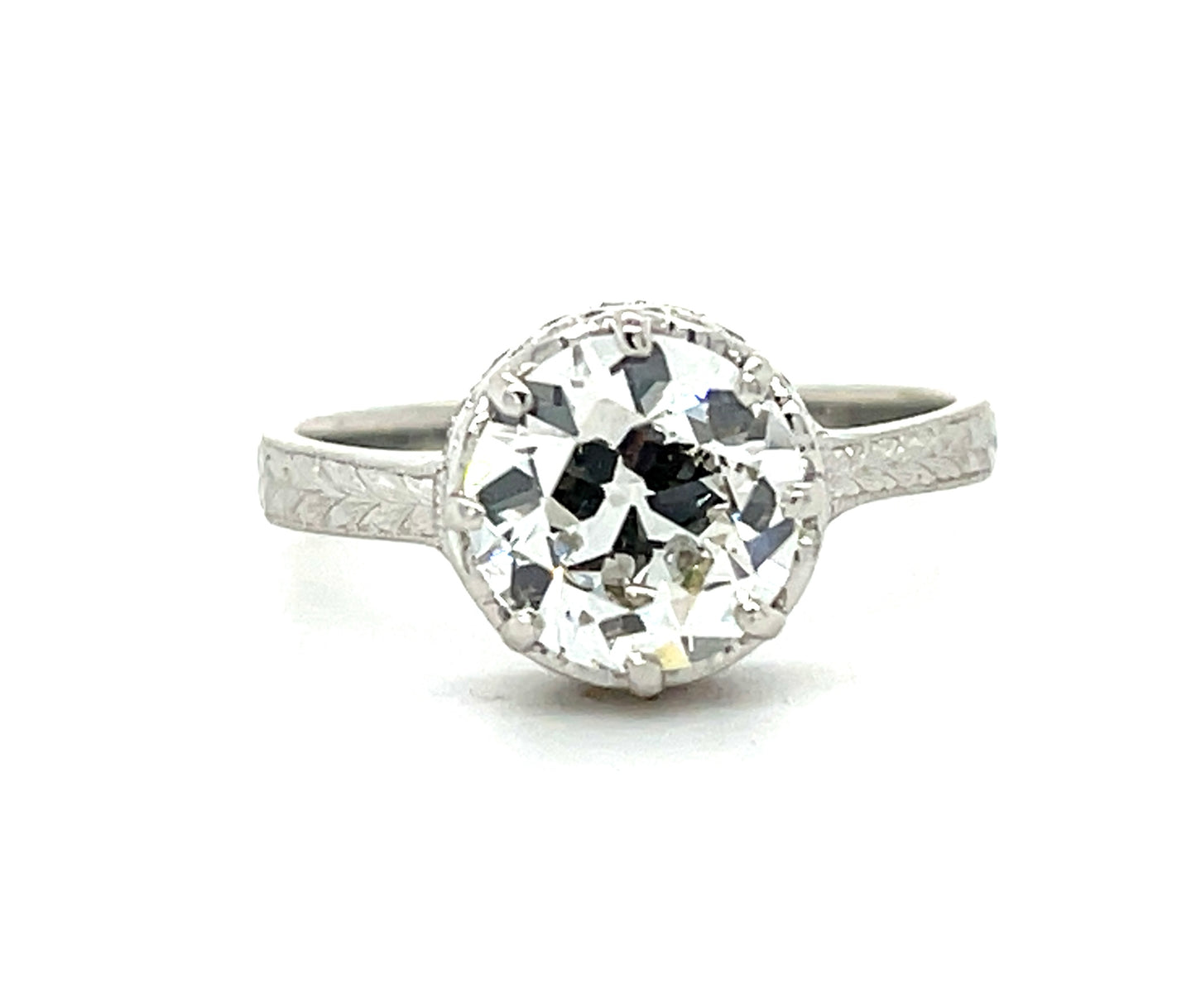 1.86ct Old European Cut Diamond GIA J SI1 Platinum Hand Engraved Ring
