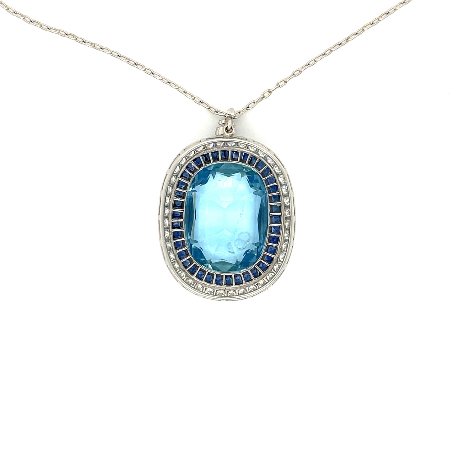 12.16ct Aquamarine 1.70ct French cut Sapphires .87ct Old European Cut Diamonds Handmade Platinum Pendant