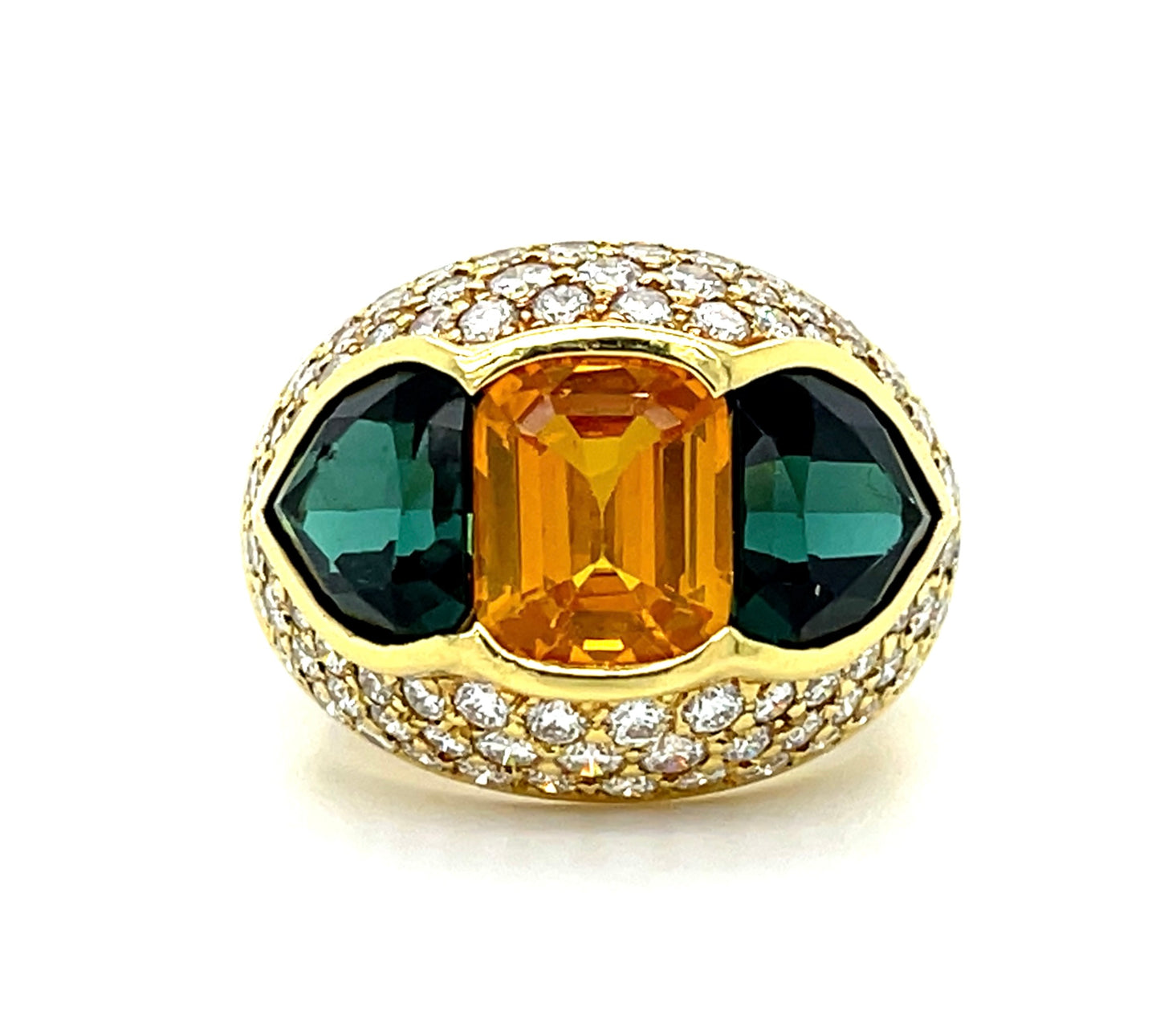 Three Stone Ring 4.50ct GIA Orangy Yellow Cushion Sapphire 7ct Green Tourmaline 2.70ct Diamond