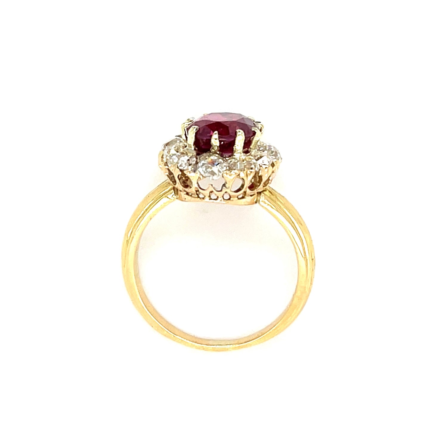 Victorian (Circa 1890s) 3.28ct GIA Thailand Heated Ruby 1ct Old Mine Cut Diamonds 18KY Antique Ring