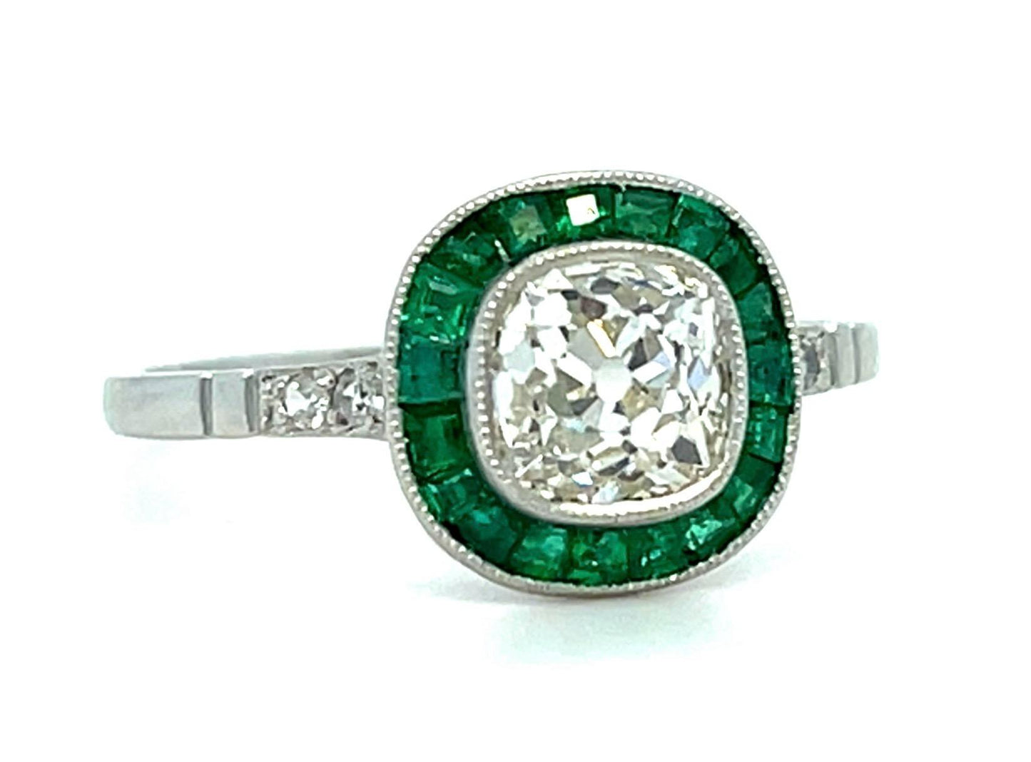 1.09ct Old Mine Diamond .74ct Emerald Platinum Handmade Ring 3.10g 7.25 Size