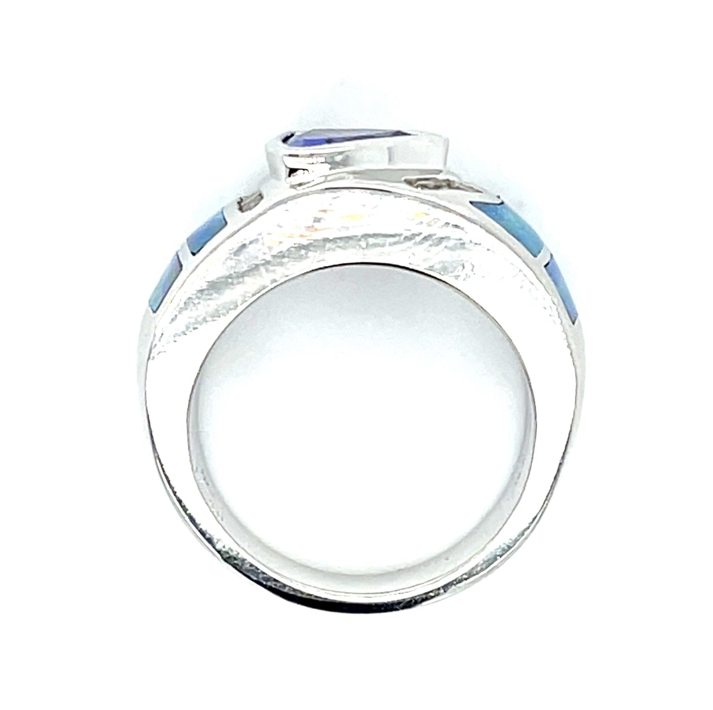 1.40ct Trillion Tanzanite Inlaid Opal .26ct Diamond 14KW Ring 12.38g 6.50 Size