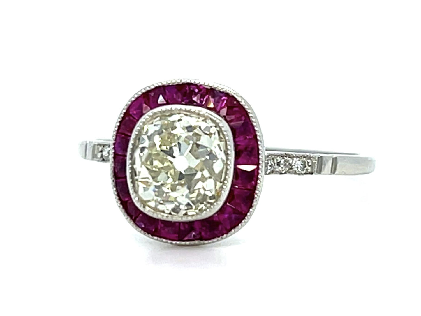 1.2ct Old Mine Diamond .68ct Ruby Platinum Handmade Ring 2.60g 7.25 Size