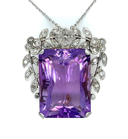 Edwardian 40ct Amethyst 1ct Diamond Platinum+18KY Brooch Pendant (Antique 1910s)