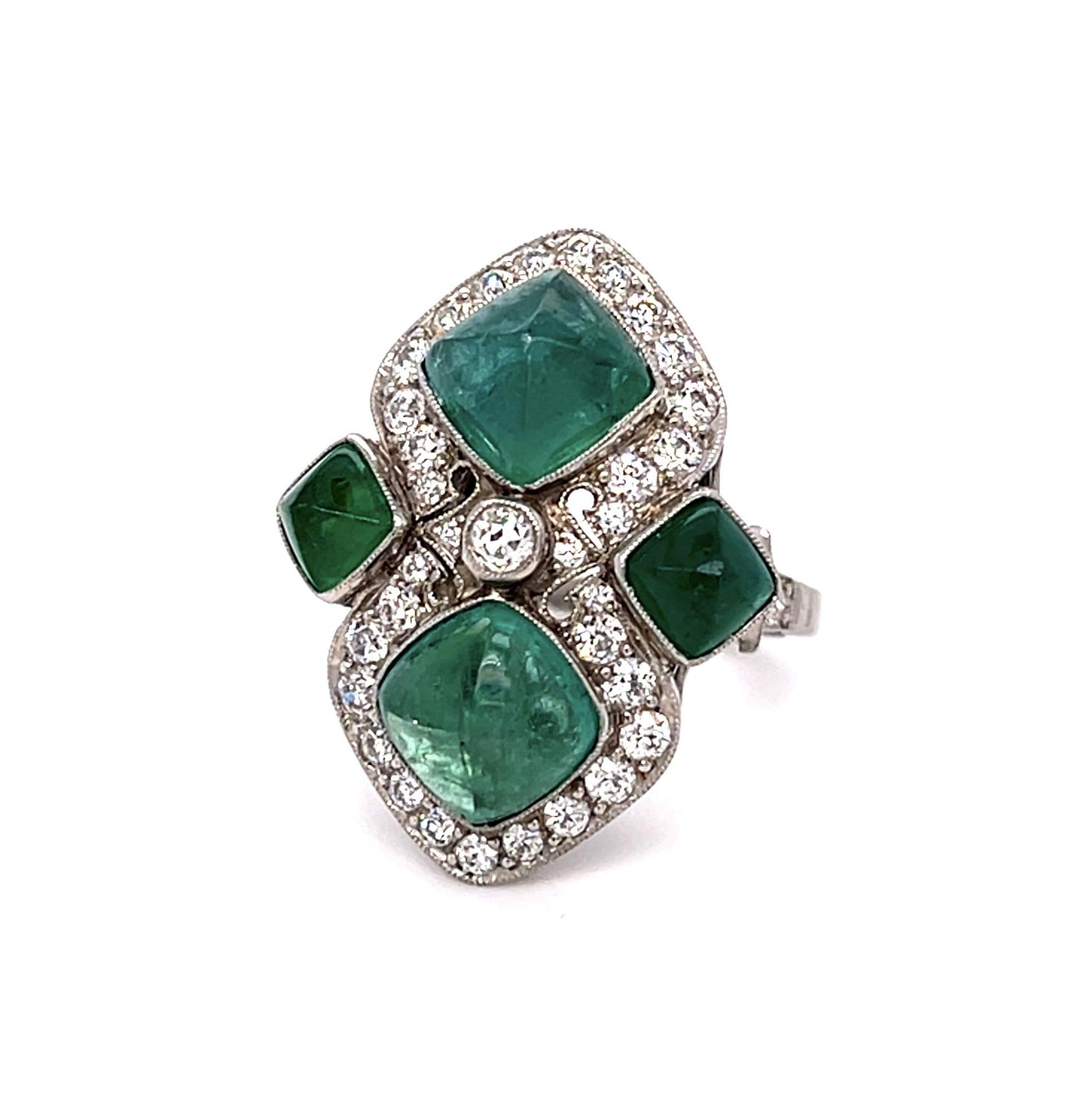 7.80ct Sugarloaf Cabochon Emeralds .91ct Diamonds Platinum Handmade Ring 7 Size