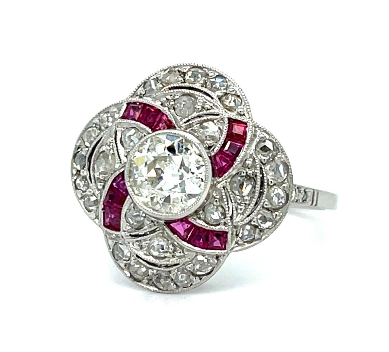.88ct Old European Diamond .60ct Ruby Platinum Handmade Ring .74ct SD 5.80g 7.50