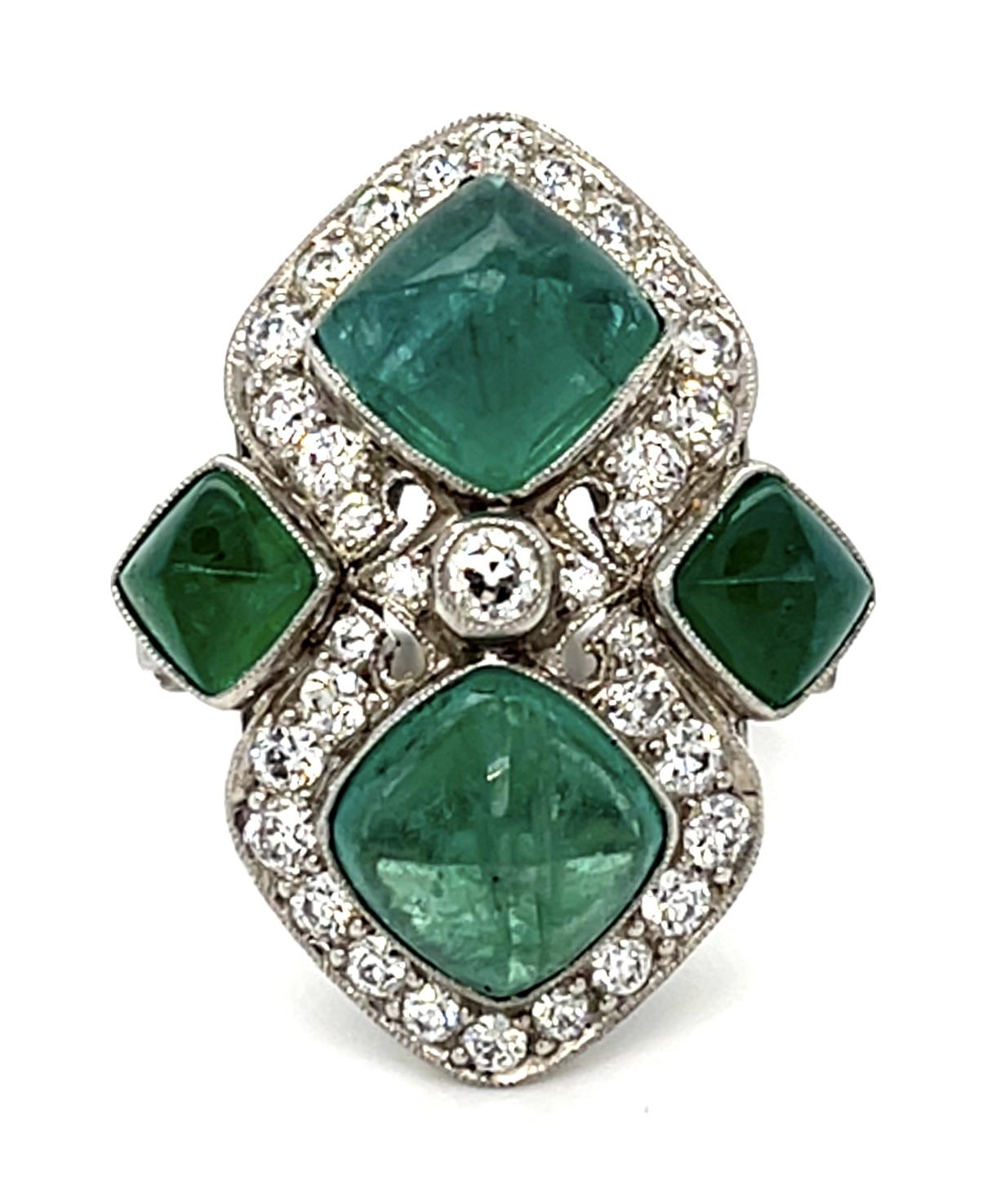 7.80ct Sugarloaf Cabochon Emeralds .91ct Diamonds Platinum Handmade Ring 7 Size