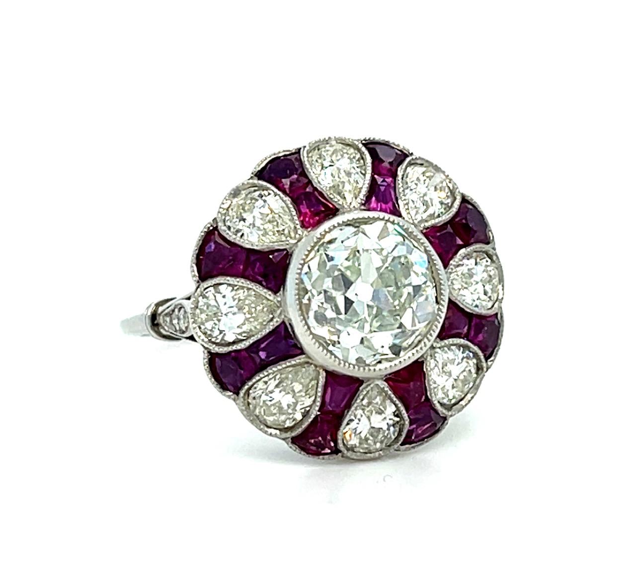 1.73ct Old Mine Diamond 2ct Rubies Platinum Handmade Ring 1.60ct Pear Diamonds