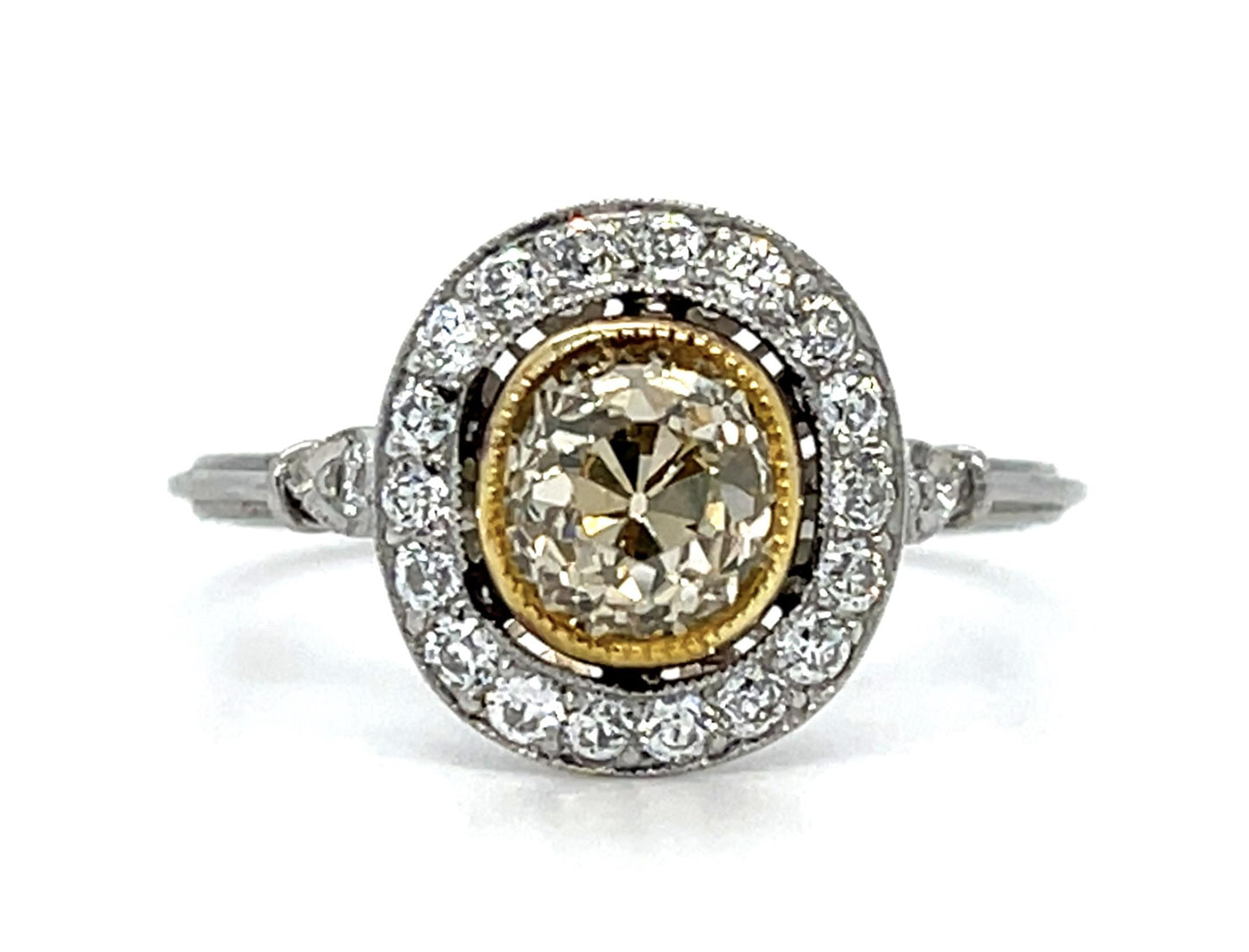 1.04ct Old Mine Cushion Diamond Platinum+18KY Handmade Ring 3g 7 Size