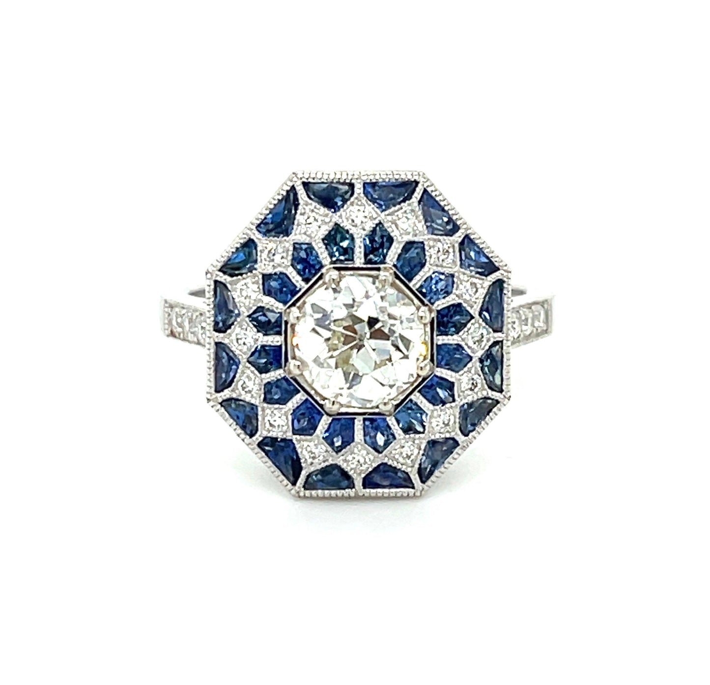 .93 GIA J VS2 Old European Diamond 1.34ct Sapphires .25ct SD 18KW Ring .25ct SD