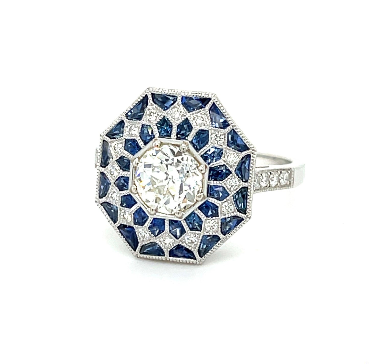 .93 GIA J VS2 Old European Diamond 1.34ct Sapphires .25ct SD 18KW Ring .25ct SD