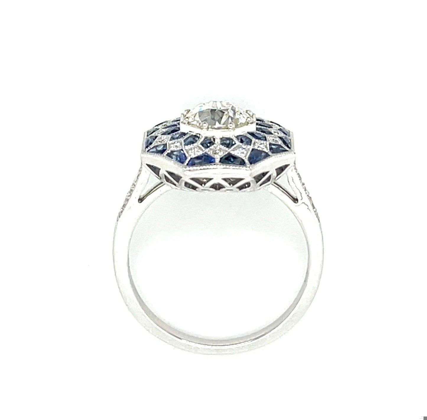 .93 GIA J VS2 Old European Diamond 1.34ct Sapphires .25ct SD 18KW Ring .25ct SD