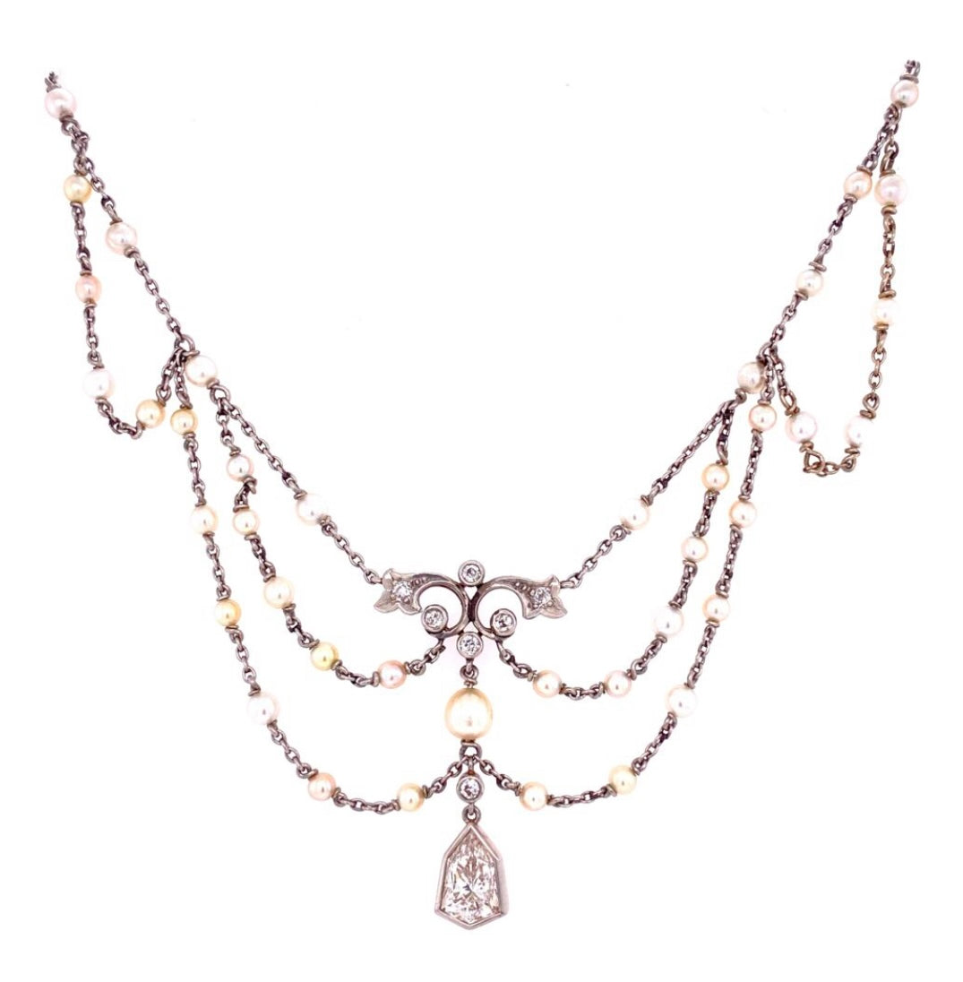PL18KW Diamond & Natural Pearl Edwardian Necklace 10.2gr 1.20ct(dia) .30ct.(sd)